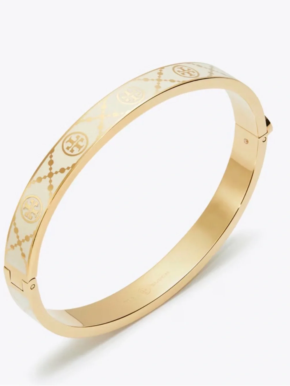 Tory Burch White and Gold Icon T Enamel Bracelet, Ring and Hoop Earring Set